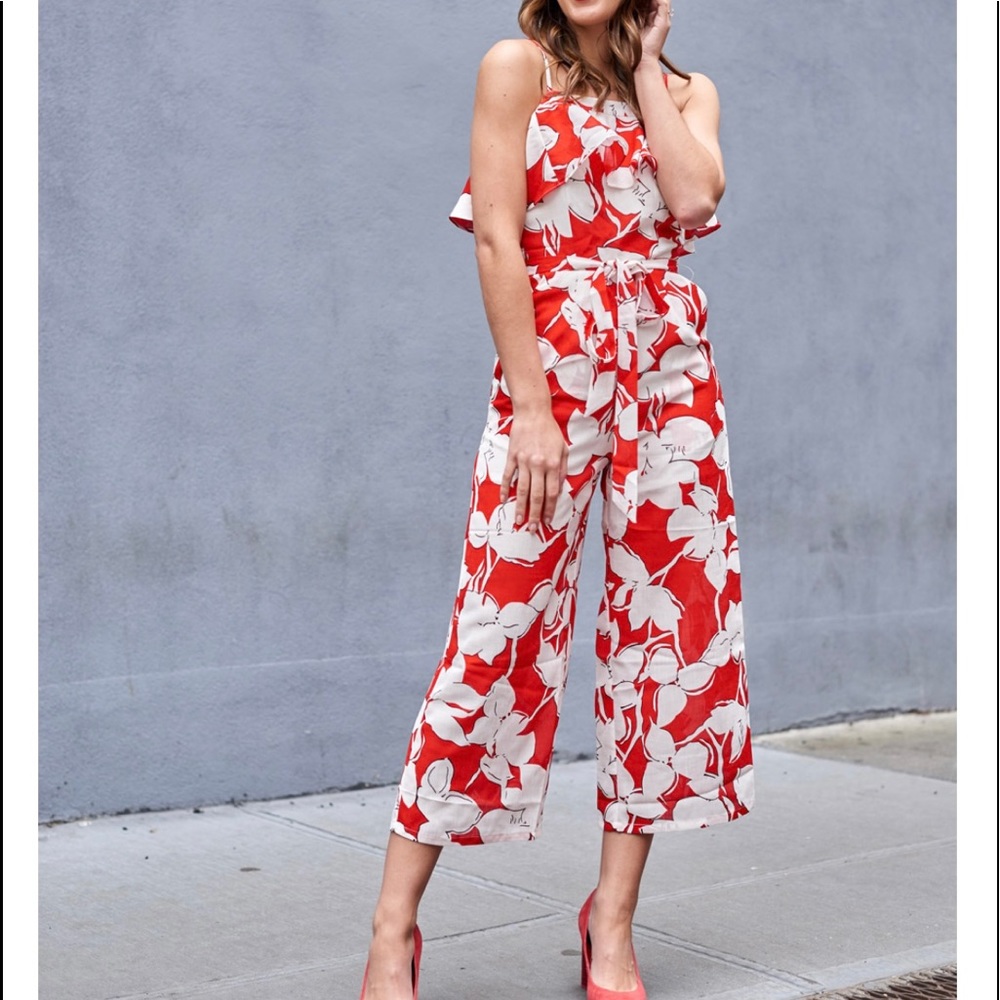 J.O.A Los Angeles Anthropologie red white floral long romper jumpsuit S Rare EUC